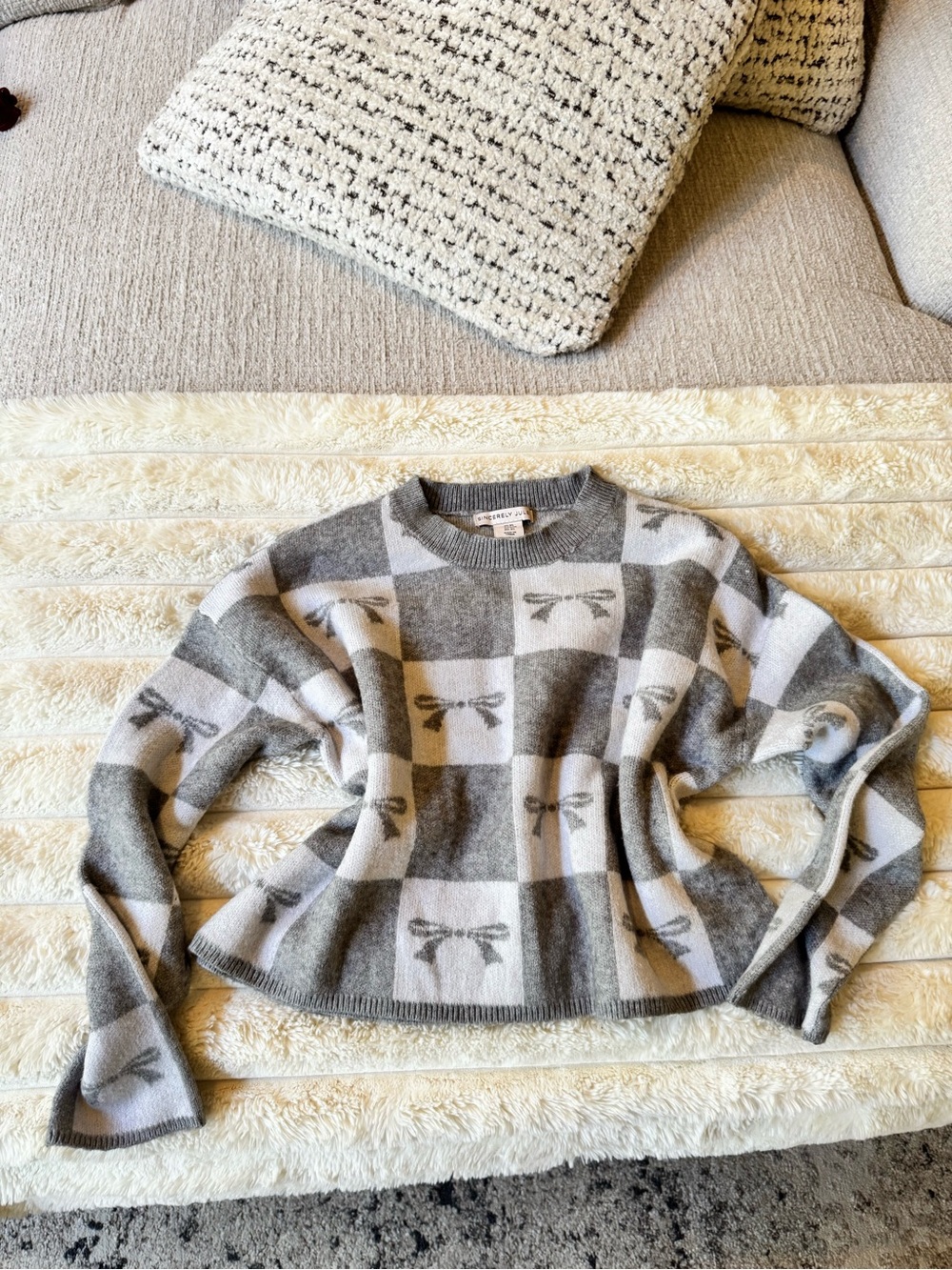 Sincerely, Jules, grey bow checkered sweater